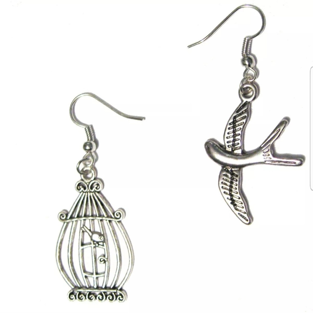 Mismatched Silver Earrings set Swallow & Birdcage